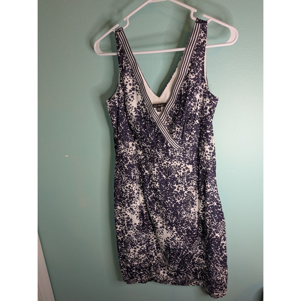 Blu Sage Navy Blue White Floral Cotton V-Neck Striped Trim Sheath Dress 6